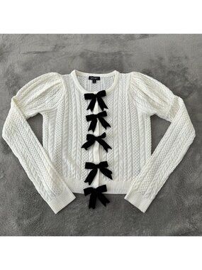 Dolls Kill Widow Moonlit Sweetness Knit Cardigan Black Bows Cream MEDIUM